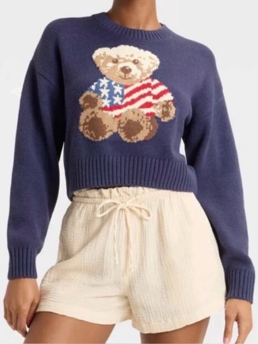 NEW Grayson Threads Navy Blue Knit Swtr Crop Patriotic Bear American Flag Size S